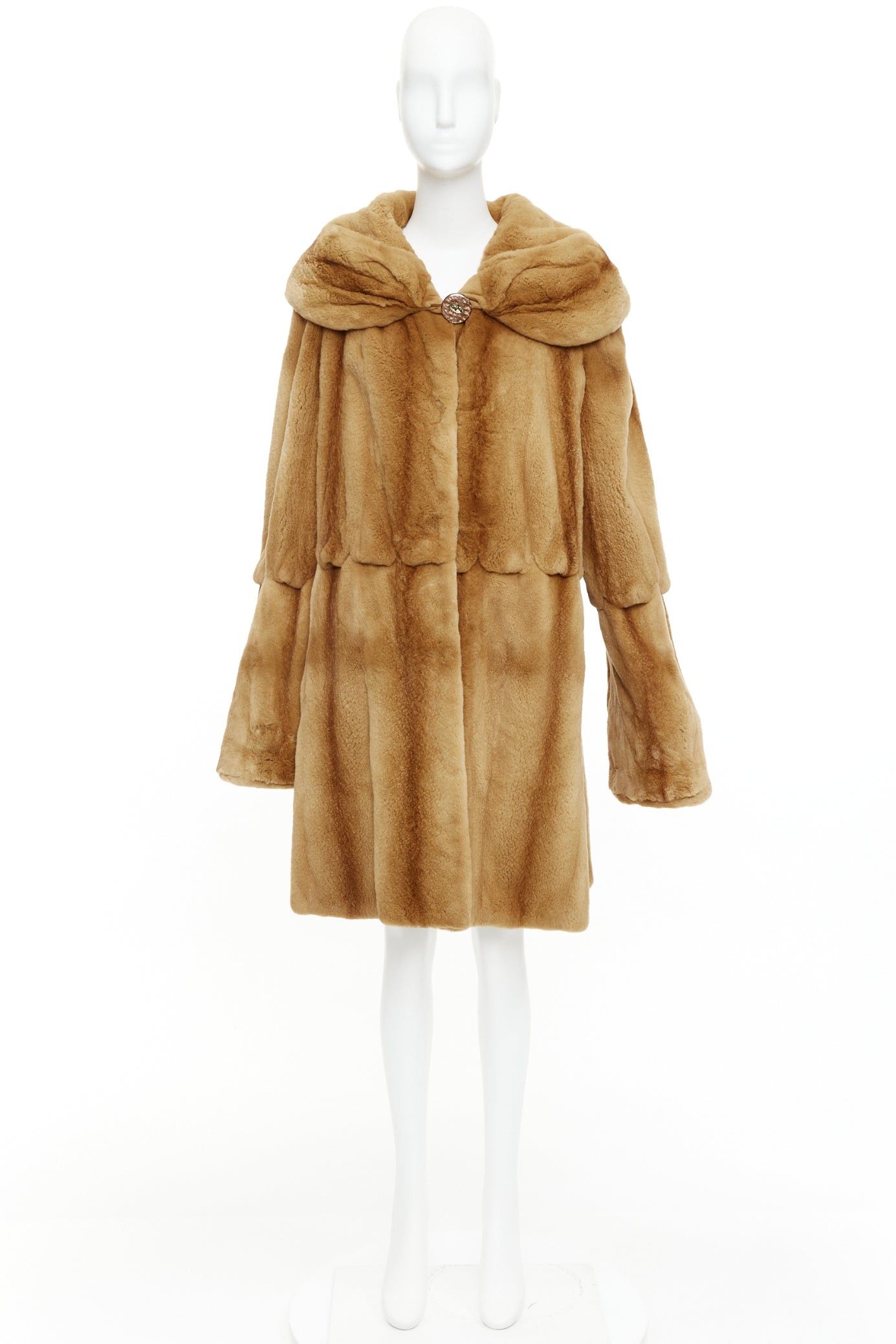 Other NO BRAND tan brown fur rounded shawl collar statement button long coat Size XL / US 12-14 / IT 48-50 - 9 Thumbnail