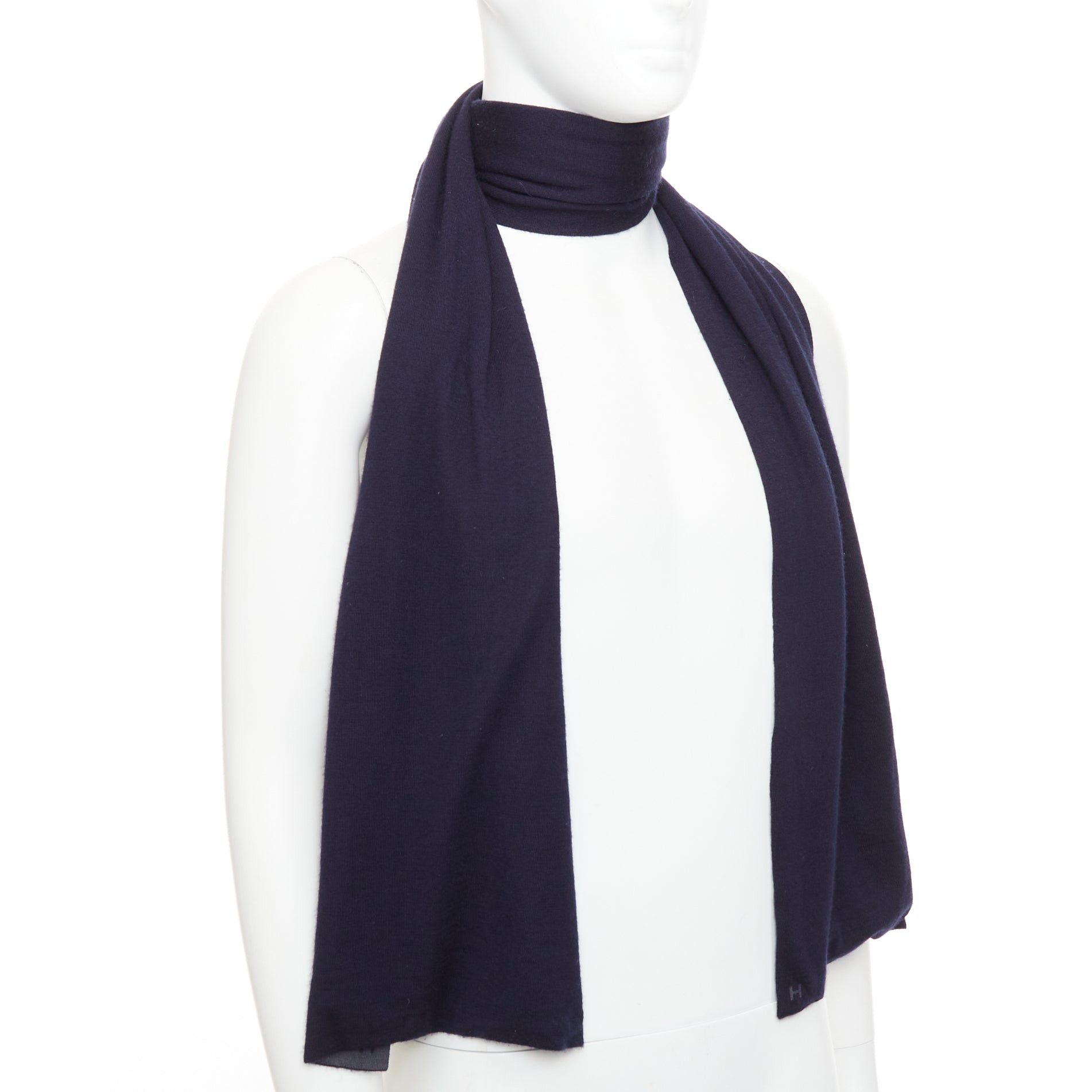 Hermes HERMES navy grey cashmere silk reversible H anagram long jersey scarf Size ONE SIZE - 3 Thumbnail