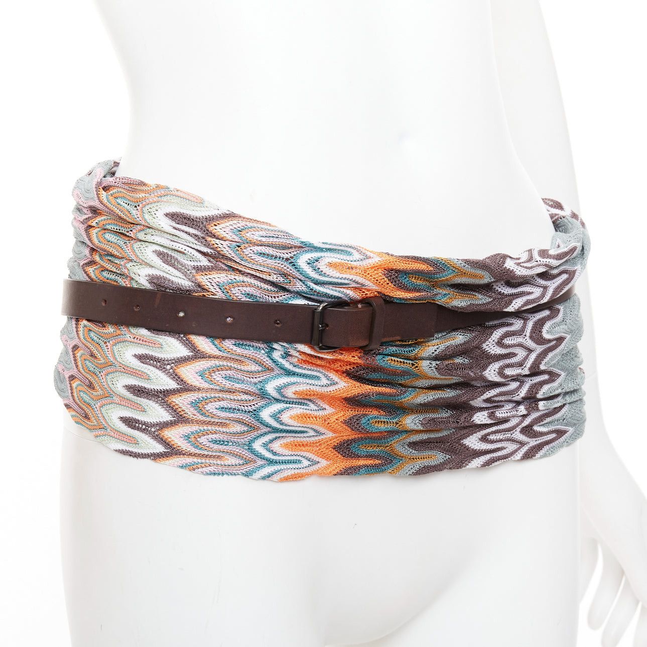 Missoni MISSONI multicolor wavey pattern fabric knitted brown leather wrap belt IT40 S Size ONE SIZE - 3 Thumbnail