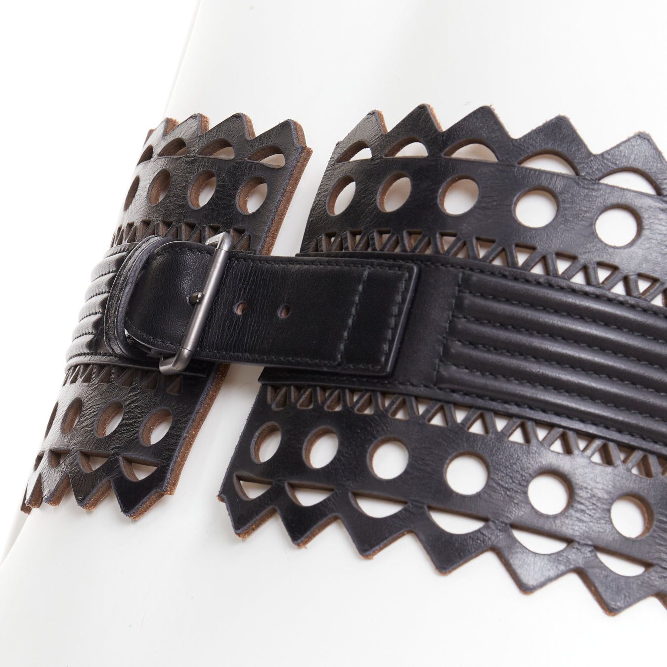 Alaia ALAIA Vienne black leather laser cut cinched corset wide belt 65cm Size ONE SIZE - 2 Thumbnail