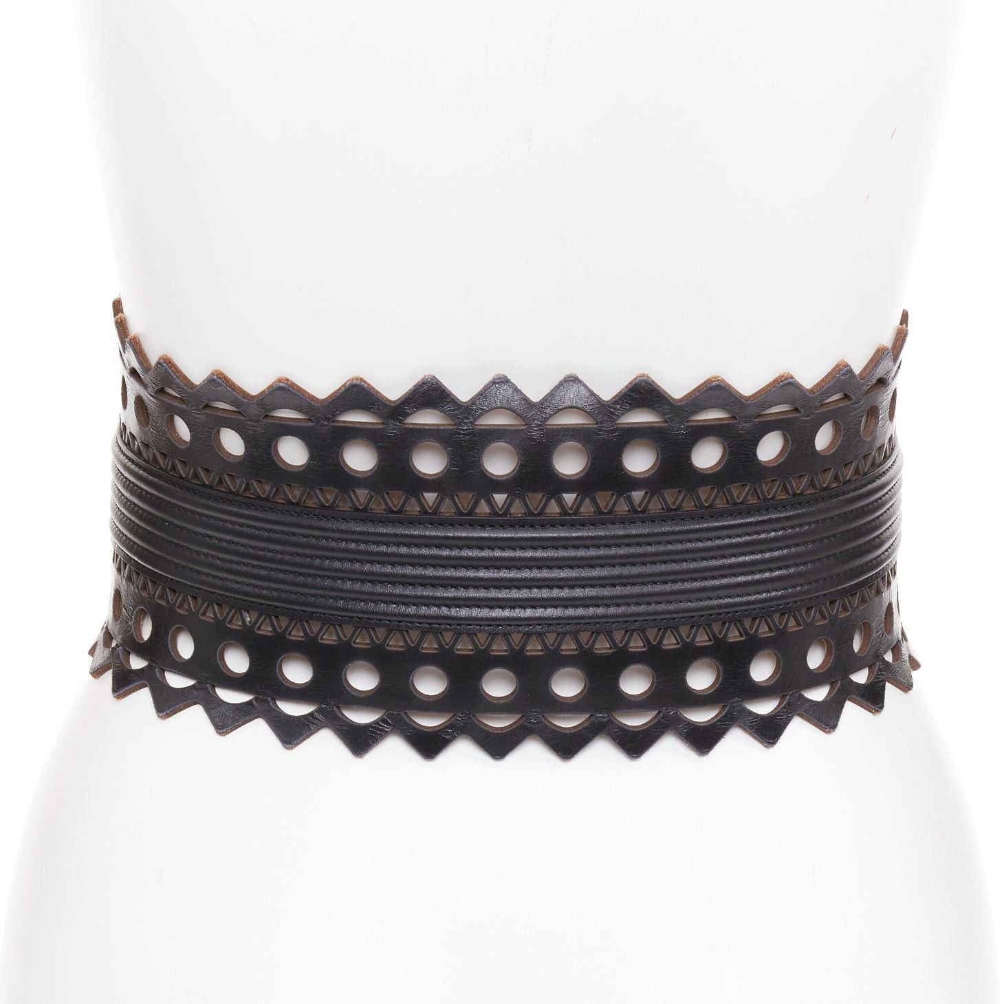 Alaia ALAIA Vienne black leather laser cut cinched corset wide belt 65cm Size ONE SIZE - 5 Thumbnail