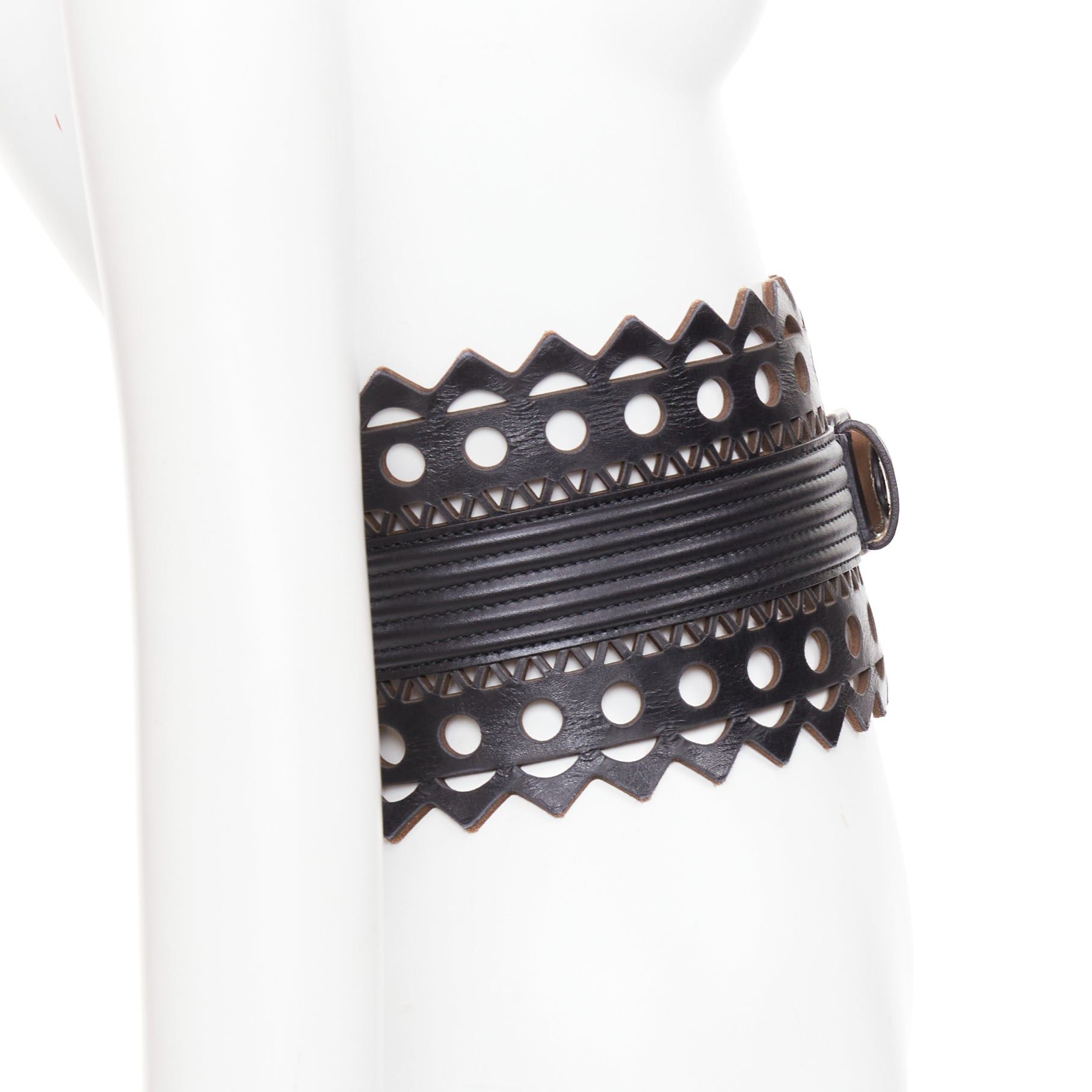 Alaia ALAIA Vienne black leather laser cut cinched corset wide belt 65cm Size ONE SIZE - 4 Thumbnail