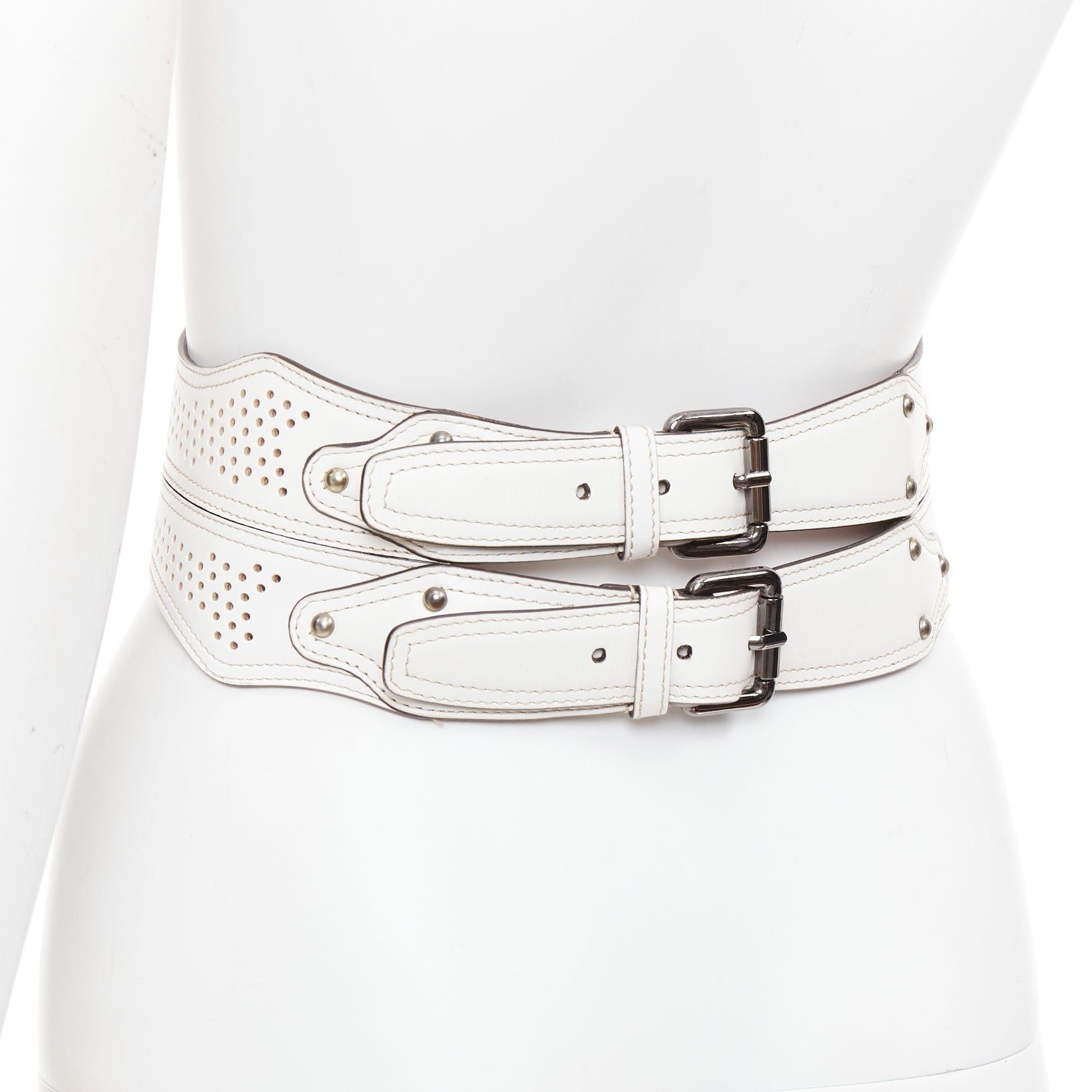 Alaia ALAIA white leather punctured perforated cinched waist wide belt 65cm Size ONE SIZE - 5 Thumbnail