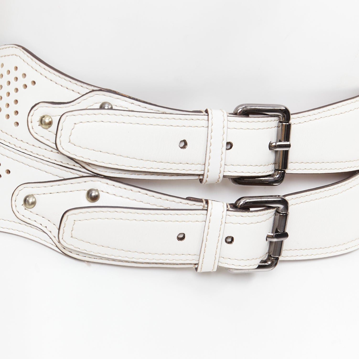 Alaia ALAIA white leather punctured perforated cinched waist wide belt 65cm Size ONE SIZE - 6 Thumbnail