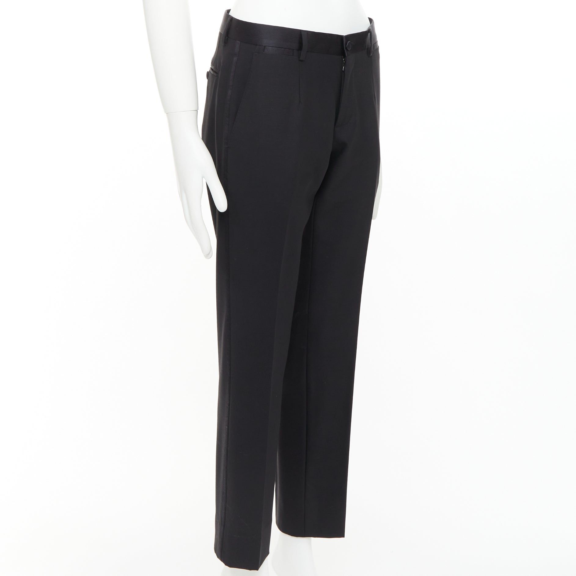 Dolce & Gabbana DOLCE GABBANA black wooly satin waist trim taperd mid waist pants IT44 XS Size US 26 / EU 42 - 3 Thumbnail