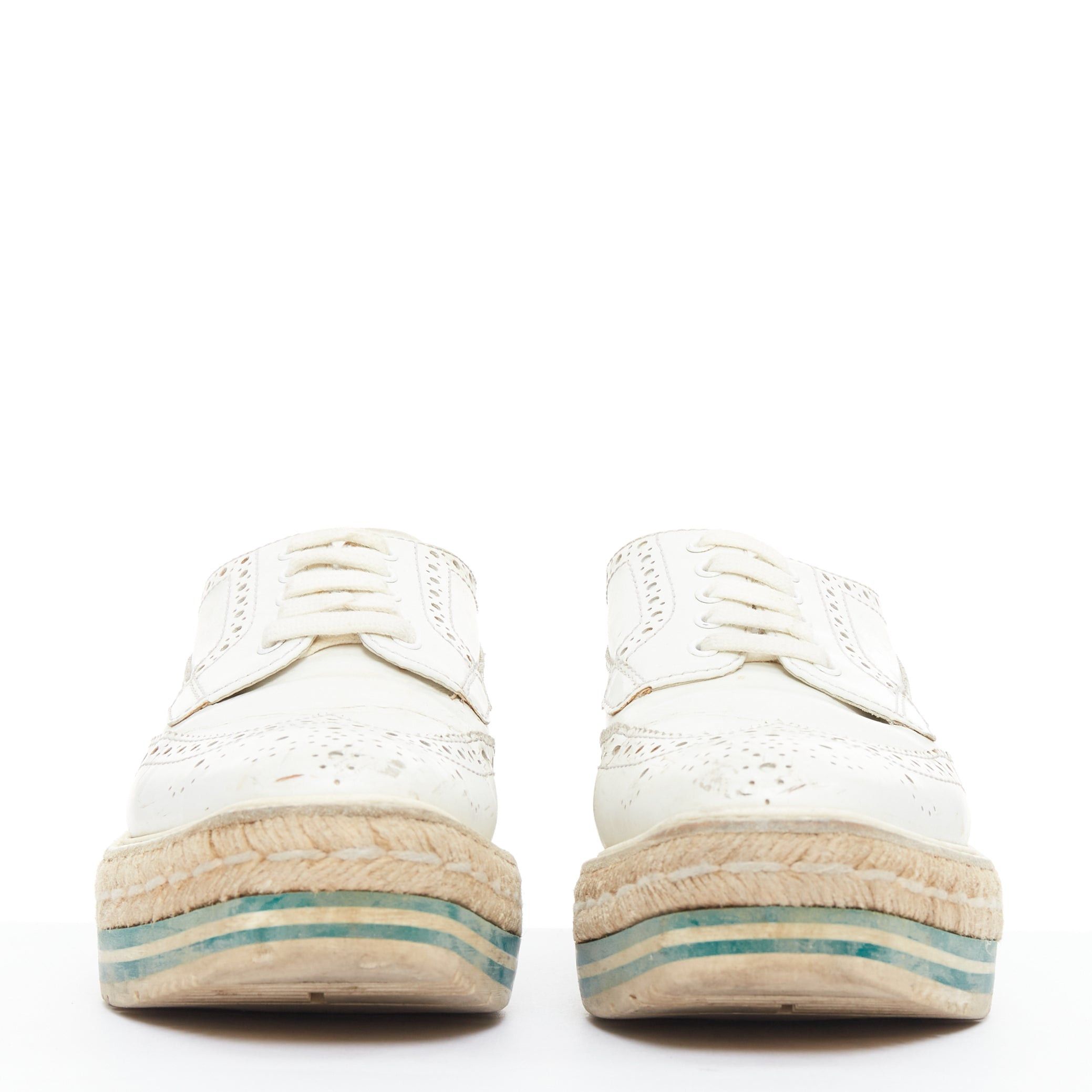 Prada PRADA Wingtip white green leather espadrille wedged brogue oxfords EU35.5 Size US 5.5 / IT 35.5 - 3 Thumbnail