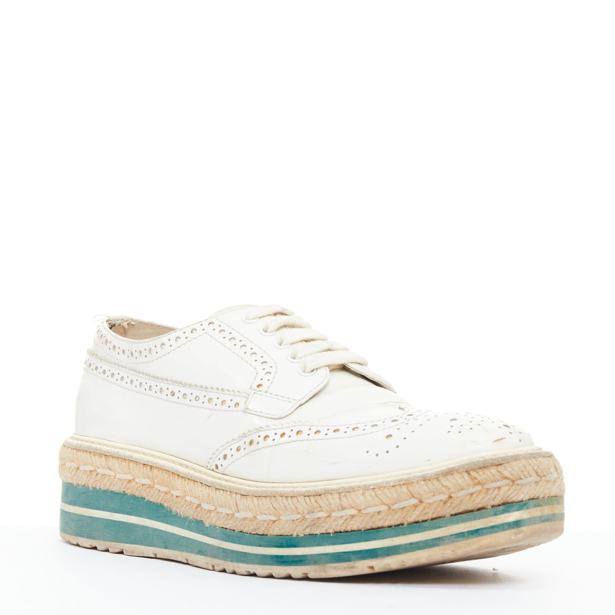 Prada PRADA Wingtip white green leather espadrille wedged brogue oxfords EU35.5 Size US 5.5 / IT 35.5 - 2 Thumbnail