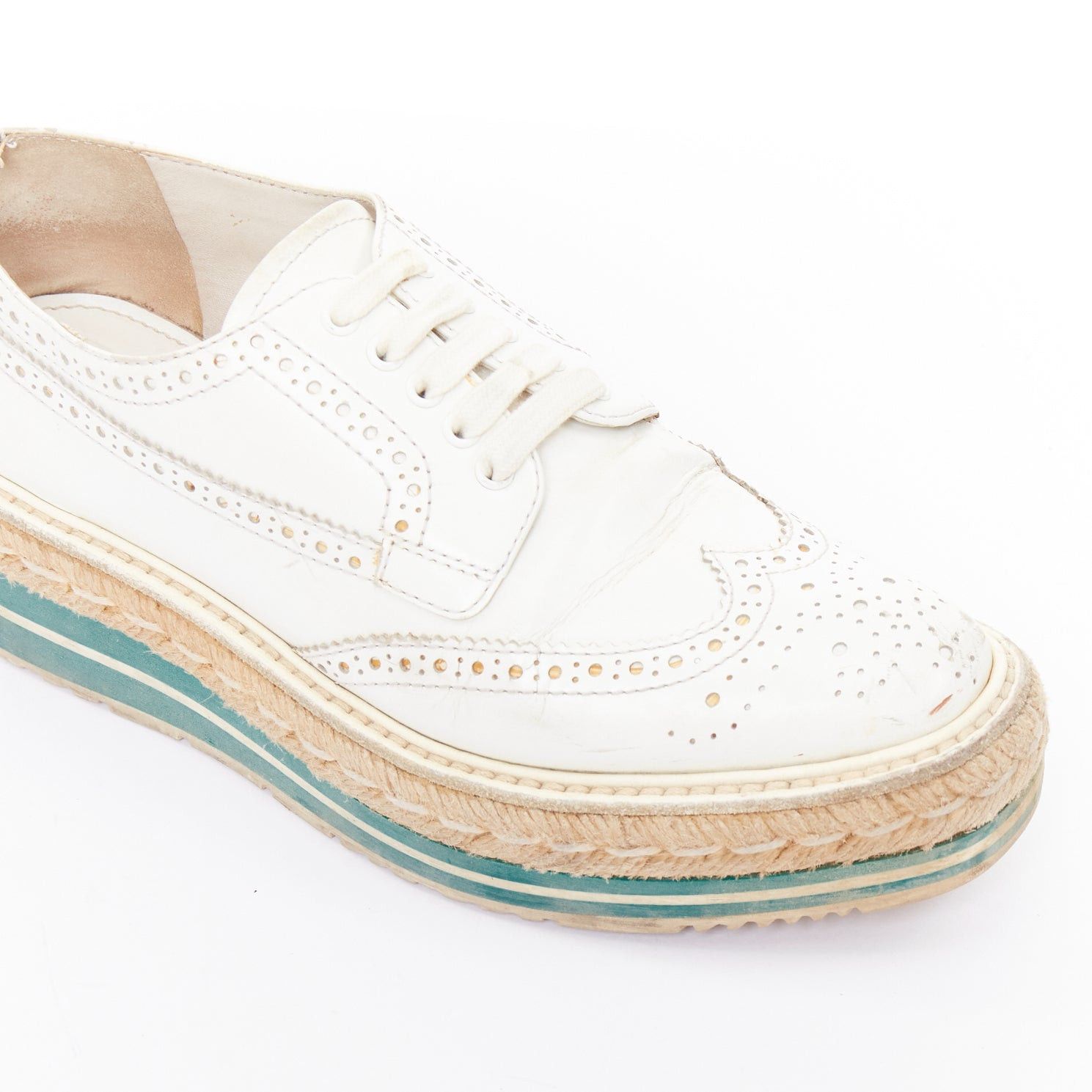 Prada PRADA Wingtip white green leather espadrille wedged brogue oxfords EU35.5 Size US 5.5 / IT 35.5 - 7 Thumbnail