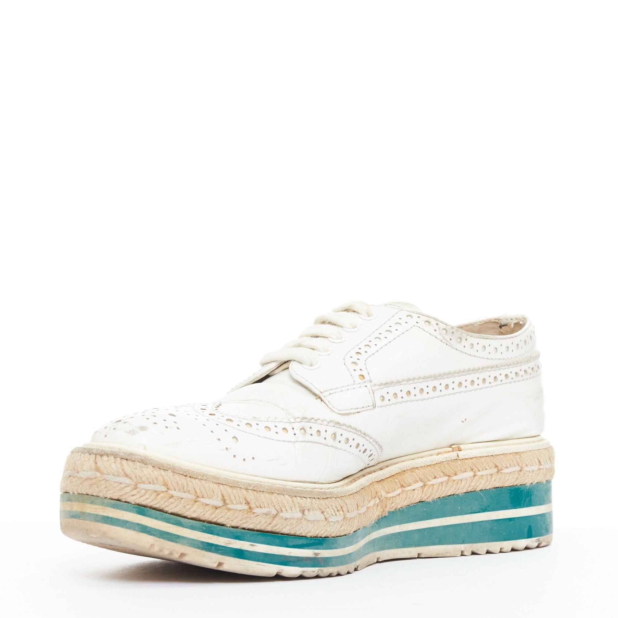 Prada PRADA Wingtip white green leather espadrille wedged brogue oxfords EU35.5 Size US 5.5 / IT 35.5 - 4 Thumbnail