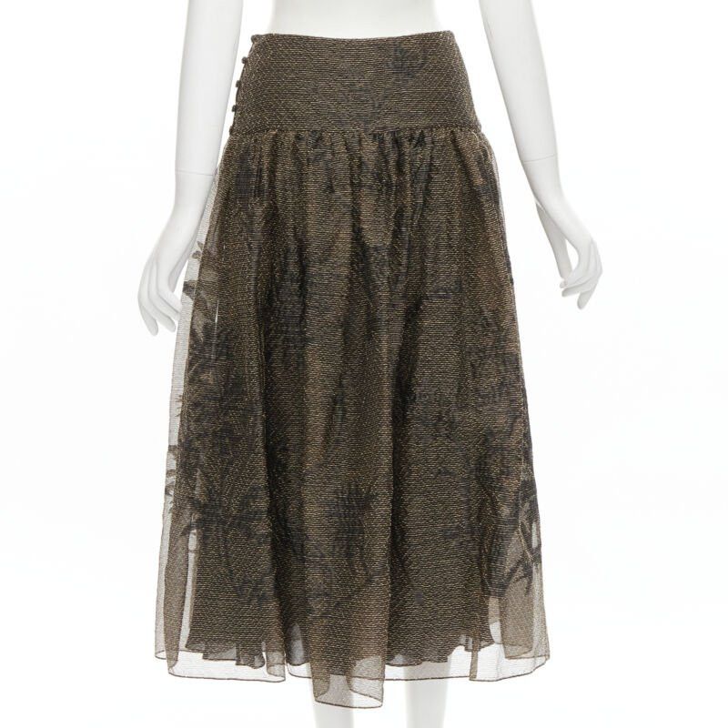 Dior CHRISTIAN DIOR 2021 linen silk gold black leaf pattern faille full skirt FR36 XS Size 27" / US 4 / IT 40 - 5 Thumbnail