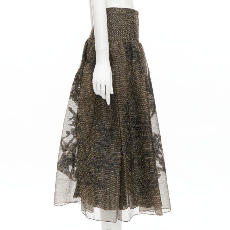 Dior CHRISTIAN DIOR 2021 linen silk gold black leaf pattern faille full skirt FR36 XS Size 27" / US 4 / IT 40 - 4 Thumbnail