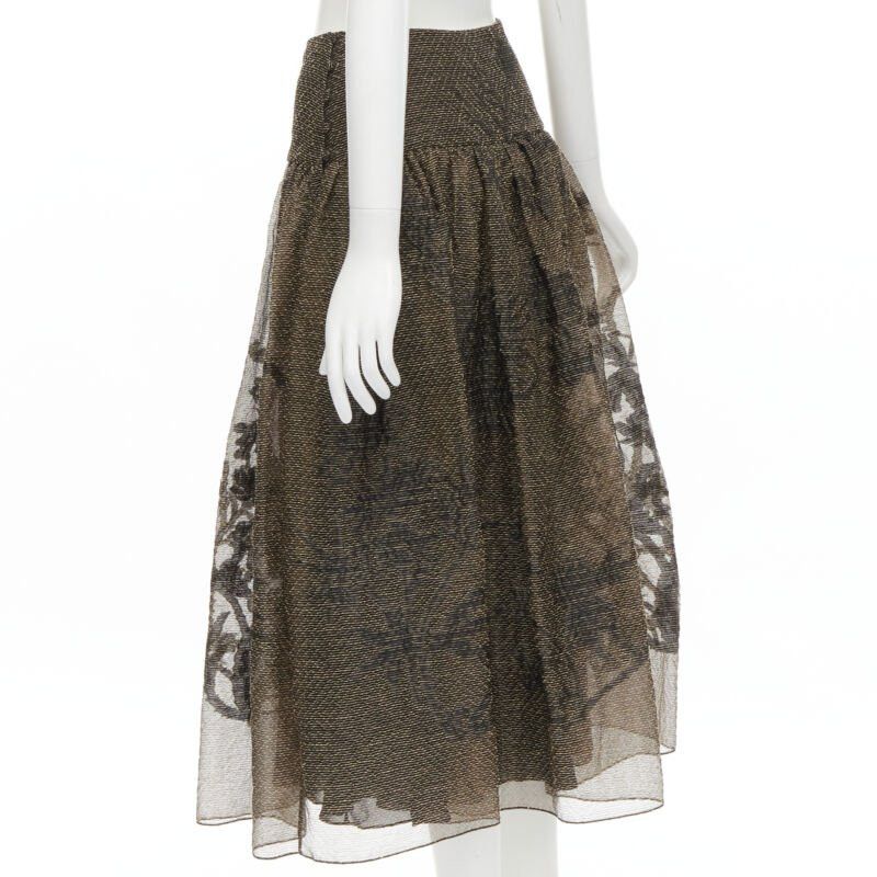Dior CHRISTIAN DIOR 2021 linen silk gold black leaf pattern faille full skirt FR36 XS Size 27" / US 4 / IT 40 - 6 Thumbnail