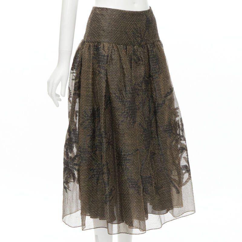 Dior CHRISTIAN DIOR 2021 linen silk gold black leaf pattern faille full skirt FR36 XS Size 27" / US 4 / IT 40 - 3 Thumbnail