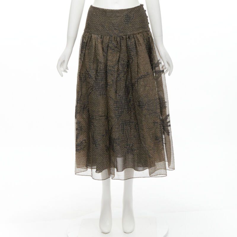 Dior CHRISTIAN DIOR 2021 linen silk gold black leaf pattern faille full skirt FR36 XS Size 27" / US 4 / IT 40 - 10 Thumbnail