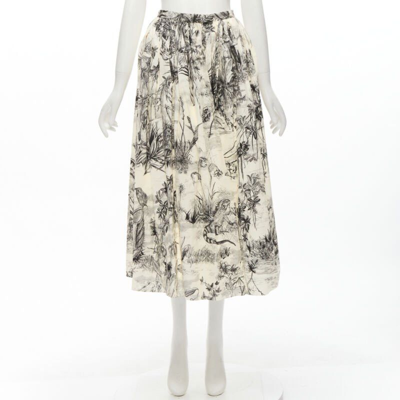 Dior CHRISTIAN DIOR Fantaisie beige illustration print cotton midi skirt FR34 XS Size 26" / US 2 / IT 38 - 10 Thumbnail