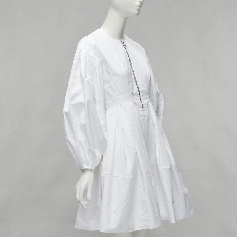 Alexander McQueen ALEXANDER MCQUEEN white cotton silver zip front puff sleeve flared dress IT36 XS Size XS / US 0-2 / IT 36-38 - 3 Thumbnail