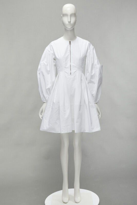 Alexander McQueen ALEXANDER MCQUEEN white cotton silver zip front puff sleeve flared dress IT36 XS Size XS / US 0-2 / IT 36-38 - 11 Thumbnail
