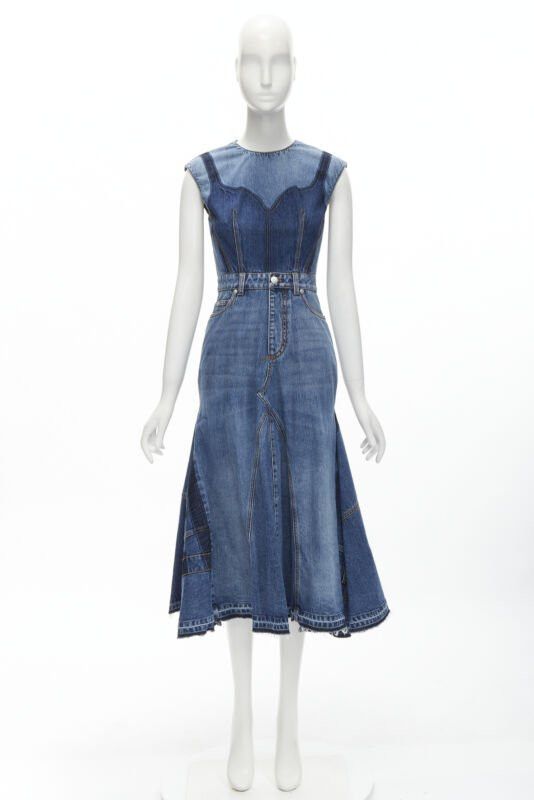 Alexander McQueen ALEXANDER MCQUEEN 2021 Runway washed denim shadow bodice midi dress IT38 XS Size XS / US 0-2 / IT 36-38 - 11 Thumbnail