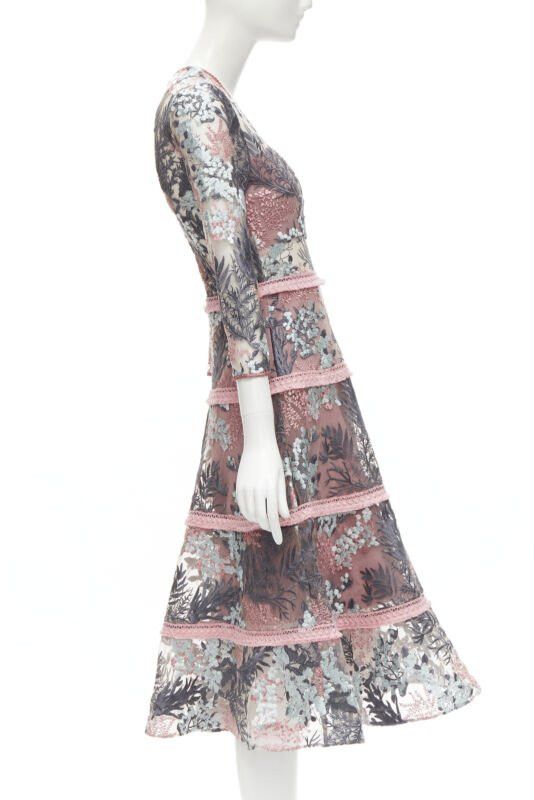 ALEXIS ALEXIS pink green floral embroidery sheer panel fringe flared gown XS Size XS / US 0-2 / IT 36-38 - 4 Thumbnail