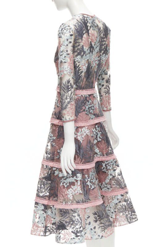 ALEXIS ALEXIS pink green floral embroidery sheer panel fringe flared gown XS Size XS / US 0-2 / IT 36-38 - 6 Thumbnail