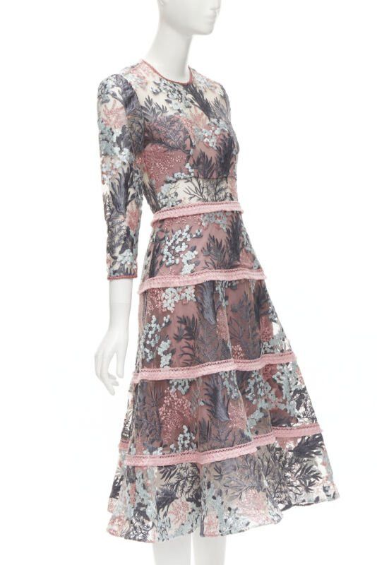 ALEXIS ALEXIS pink green floral embroidery sheer panel fringe flared gown XS Size XS / US 0-2 / IT 36-38 - 3 Thumbnail