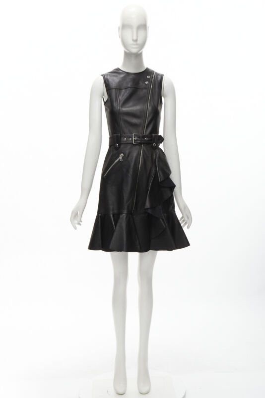 ALEXANDER MCQUEEN 2022 black leather biker belted ruffle trim dress IT38 XS  - www.ice4pros.com.br
