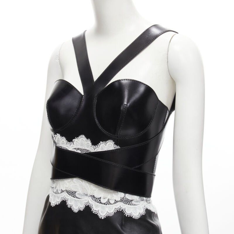 Alexander McQueen ALEXANDER MCQUEEN 2020 Runway black leather bustier white lace dress IT38 S Size XS / US 0-2 / IT 36-38 - 7 Thumbnail