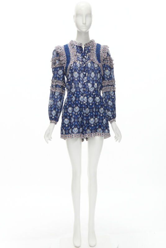 Sea New York SEA NEW YORK blue floral print ruffle trim long sleeve romper playsuit US0 XS Size 26" / US 2 / IT 38 - 10 Thumbnail