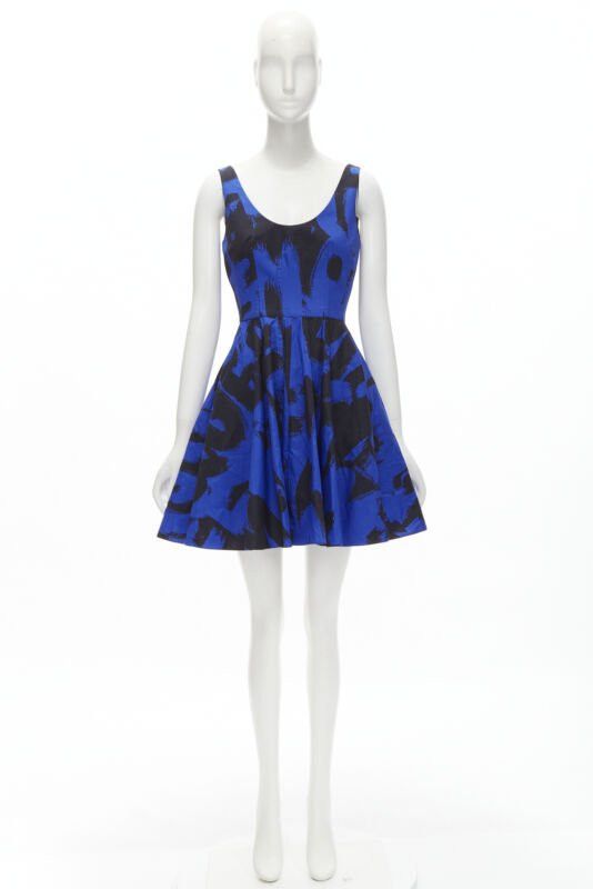 Alexander McQueen ALEXANDER MCQUEEN 2022 black blue abstract print fit flared scoop dress It38 S Size XS / US 0-2 / IT 36-38 - 10 Thumbnail