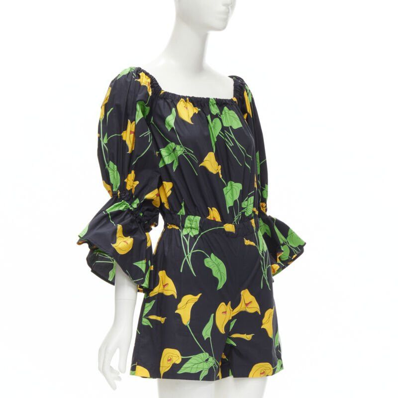 Other LE DOUBLE J Mantero black green yellow leaf print cotton flared cuff romper XS Size 26" / US 2 / IT 38 - 3 Thumbnail
