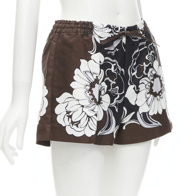 Valentino VALENTINO 2022 cotton silk brown black floral pleated drawstring shorts IT36 XS Size 25" / US 0 / IT 36 - 3 Thumbnail