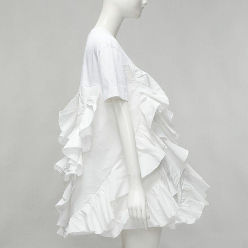 Alexander McQueen ALEXANDER MCQUEEN 2022 Hybrid white spiral ruffle cotton tshirt dress IT36 XS Size XS / US 0-2 / IT 36-38 - 4 Thumbnail