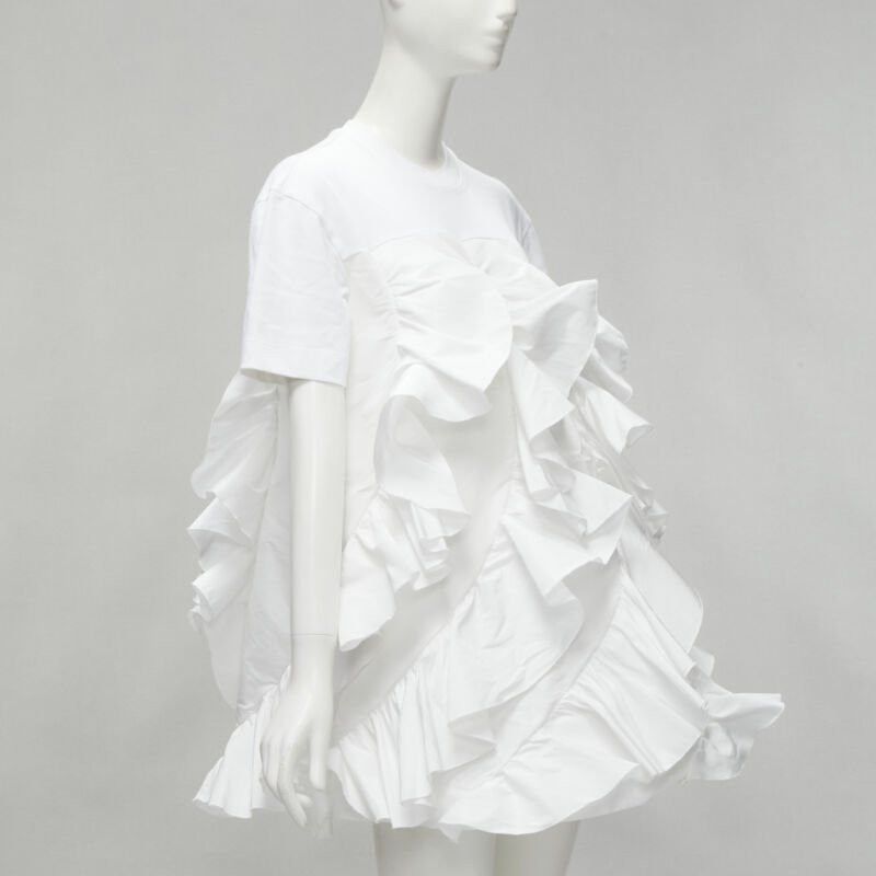 Alexander McQueen ALEXANDER MCQUEEN 2022 Hybrid white spiral ruffle cotton tshirt dress IT36 XS Size XS / US 0-2 / IT 36-38 - 3 Thumbnail