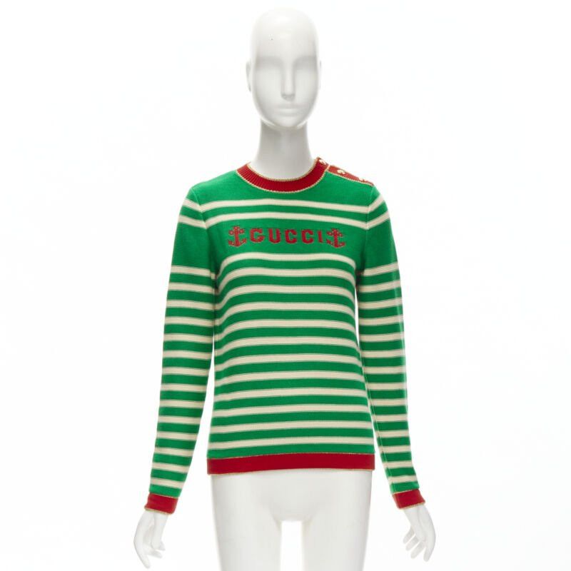 Gucci GUCCI Nautical sailor intarsia embroidery green beige striped sweater XS Size S / US 4 / IT 40 - 10 Thumbnail