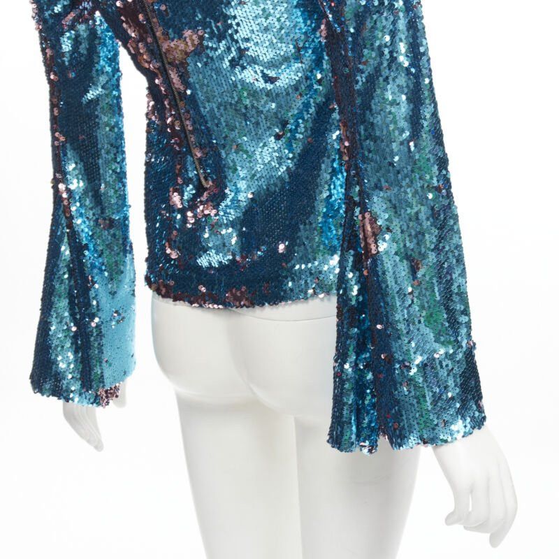 Halpern HALPERN blue purple double faced sequins turtleneck flared sleeve top FR34 XS Size XS / US 0-2 / IT 36-38 - 8 Thumbnail
