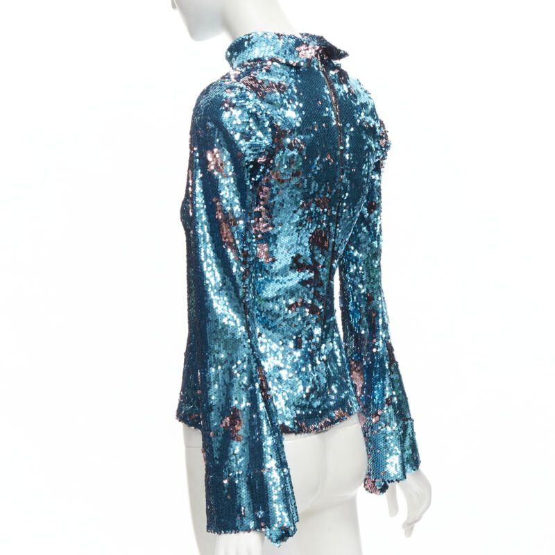 Halpern HALPERN blue purple double faced sequins turtleneck flared sleeve top FR34 XS Size XS / US 0-2 / IT 36-38 - 6 Thumbnail