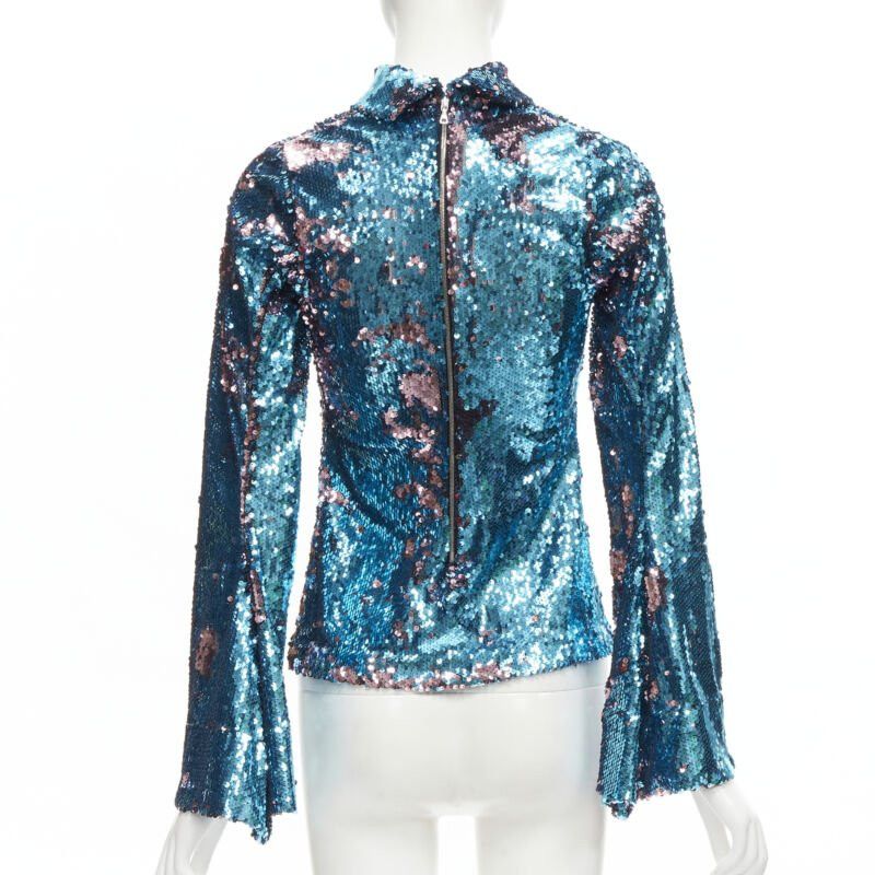 Halpern HALPERN blue purple double faced sequins turtleneck flared sleeve top FR34 XS Size XS / US 0-2 / IT 36-38 - 5 Thumbnail