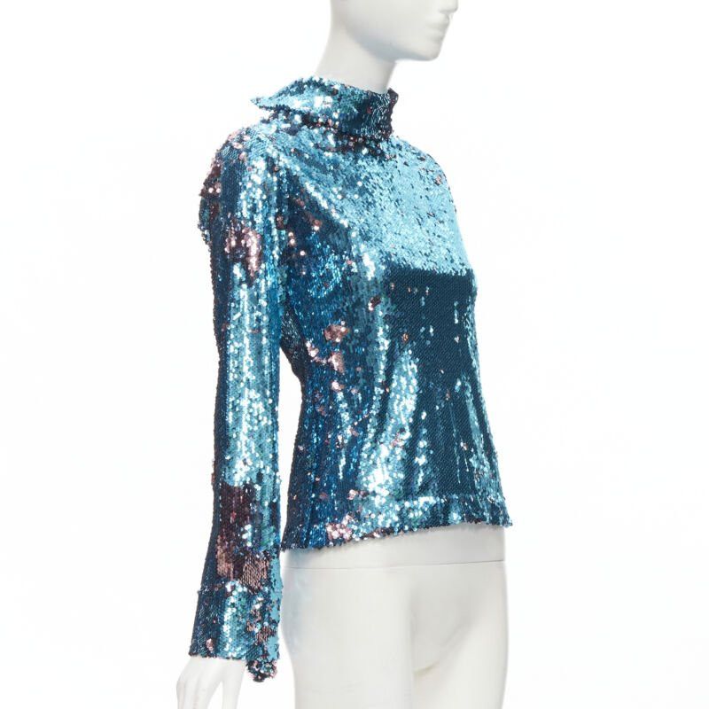 Halpern HALPERN blue purple double faced sequins turtleneck flared sleeve top FR34 XS Size XS / US 0-2 / IT 36-38 - 3 Thumbnail