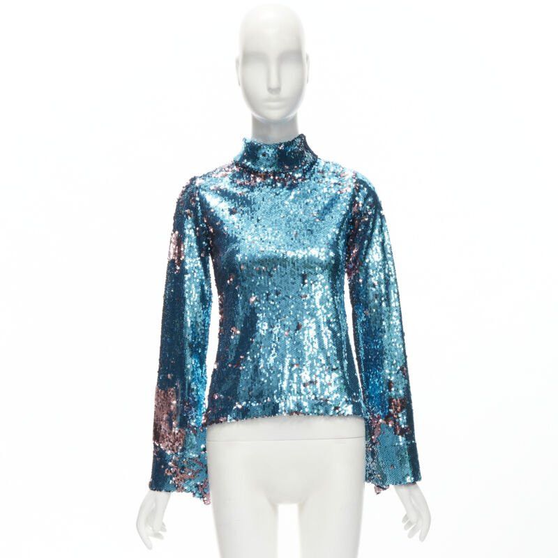Halpern HALPERN blue purple double faced sequins turtleneck flared sleeve top FR34 XS Size XS / US 0-2 / IT 36-38 - 10 Thumbnail
