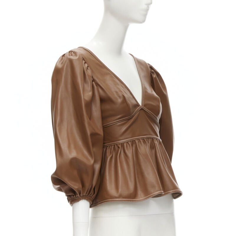 Staud STAUD Luna tan brown vegan faux leather plunge neck puff sleeve top US0 XS Size S / US 4 / IT 40 - 3 Thumbnail