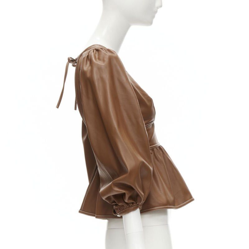Staud STAUD Luna tan brown vegan faux leather plunge neck puff sleeve top US0 XS Size S / US 4 / IT 40 - 4 Thumbnail