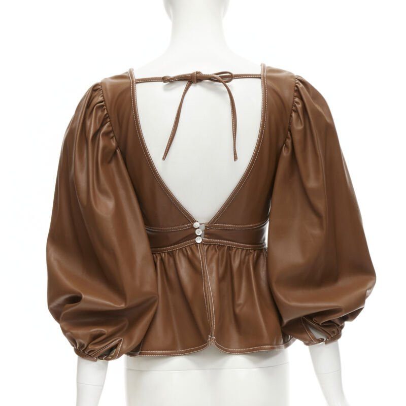 Staud STAUD Luna tan brown vegan faux leather plunge neck puff sleeve top US0 XS Size S / US 4 / IT 40 - 6 Thumbnail