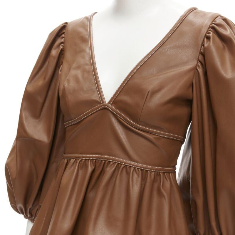 Staud STAUD Luna tan brown vegan faux leather plunge neck puff sleeve top US0 XS Size S / US 4 / IT 40 - 2 Thumbnail