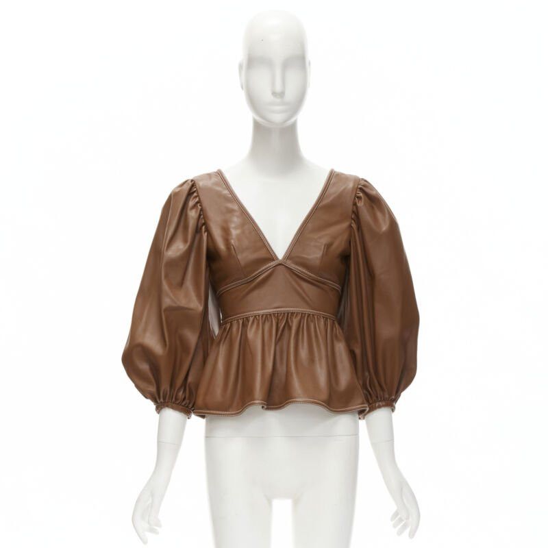 Staud STAUD Luna tan brown vegan faux leather plunge neck puff sleeve top US0 XS Size S / US 4 / IT 40 - 10 Thumbnail