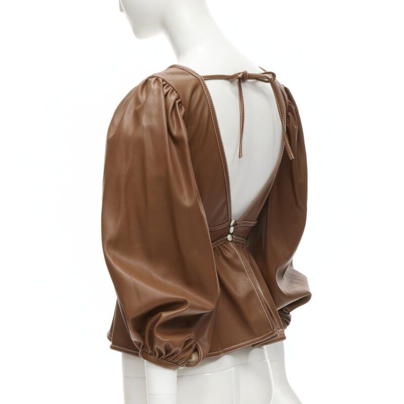 Staud STAUD Luna tan brown vegan faux leather plunge neck puff sleeve top US0 XS Size S / US 4 / IT 40 - 5 Thumbnail