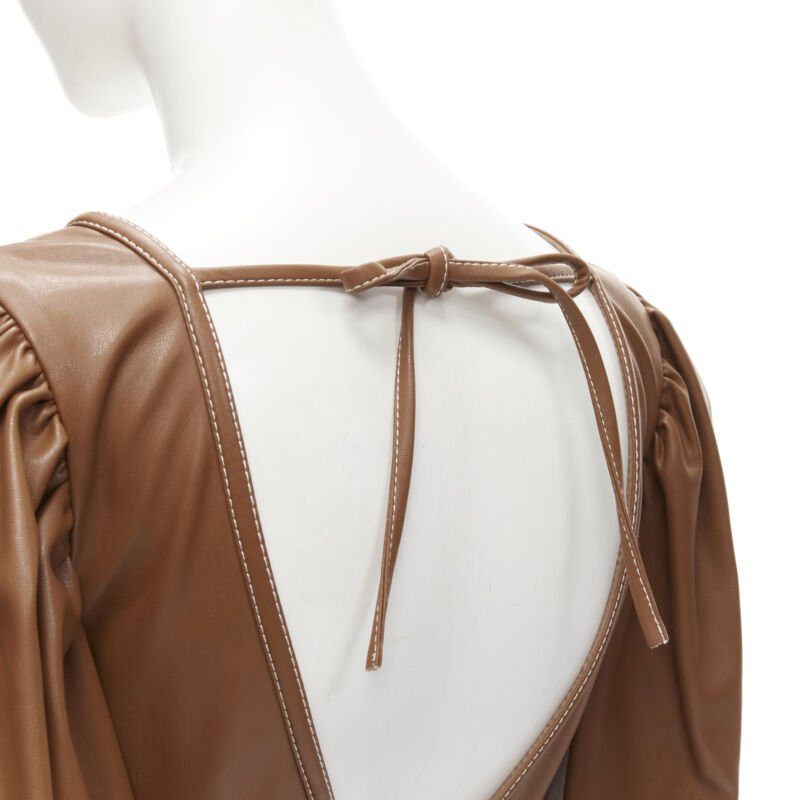 Staud STAUD Luna tan brown vegan faux leather plunge neck puff sleeve top US0 XS Size S / US 4 / IT 40 - 8 Thumbnail