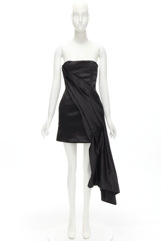 Halpern HALPERN black satin asymmetric draped bustier bodice mini dress FR36 XS Size S / US 4 / IT 40 - 10 Thumbnail