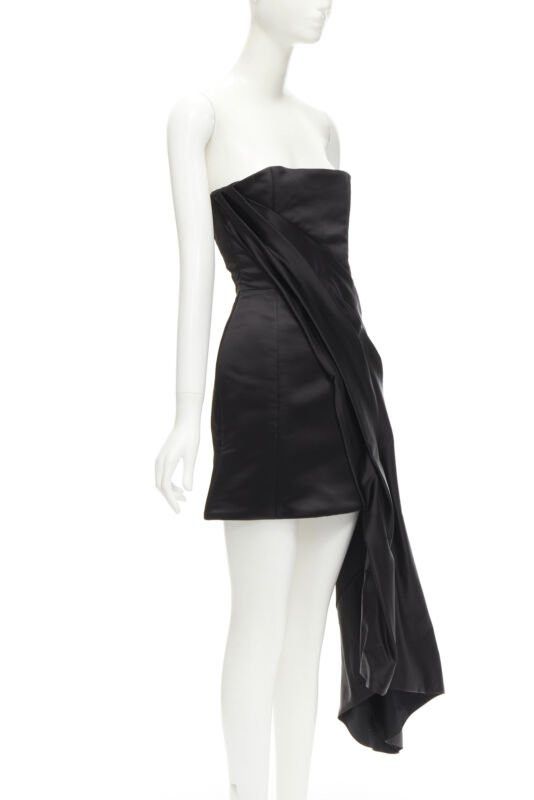 Halpern HALPERN black satin asymmetric draped bustier bodice mini dress FR36 XS Size S / US 4 / IT 40 - 3 Thumbnail