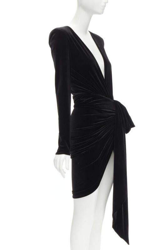 Alexandre Vauthier ALEXANDRE VAUTHIER black velvet plunge neck wrap bow draped mini dress FR34 XS Size XS / US 0-2 / IT 36-38 - 3 Thumbnail