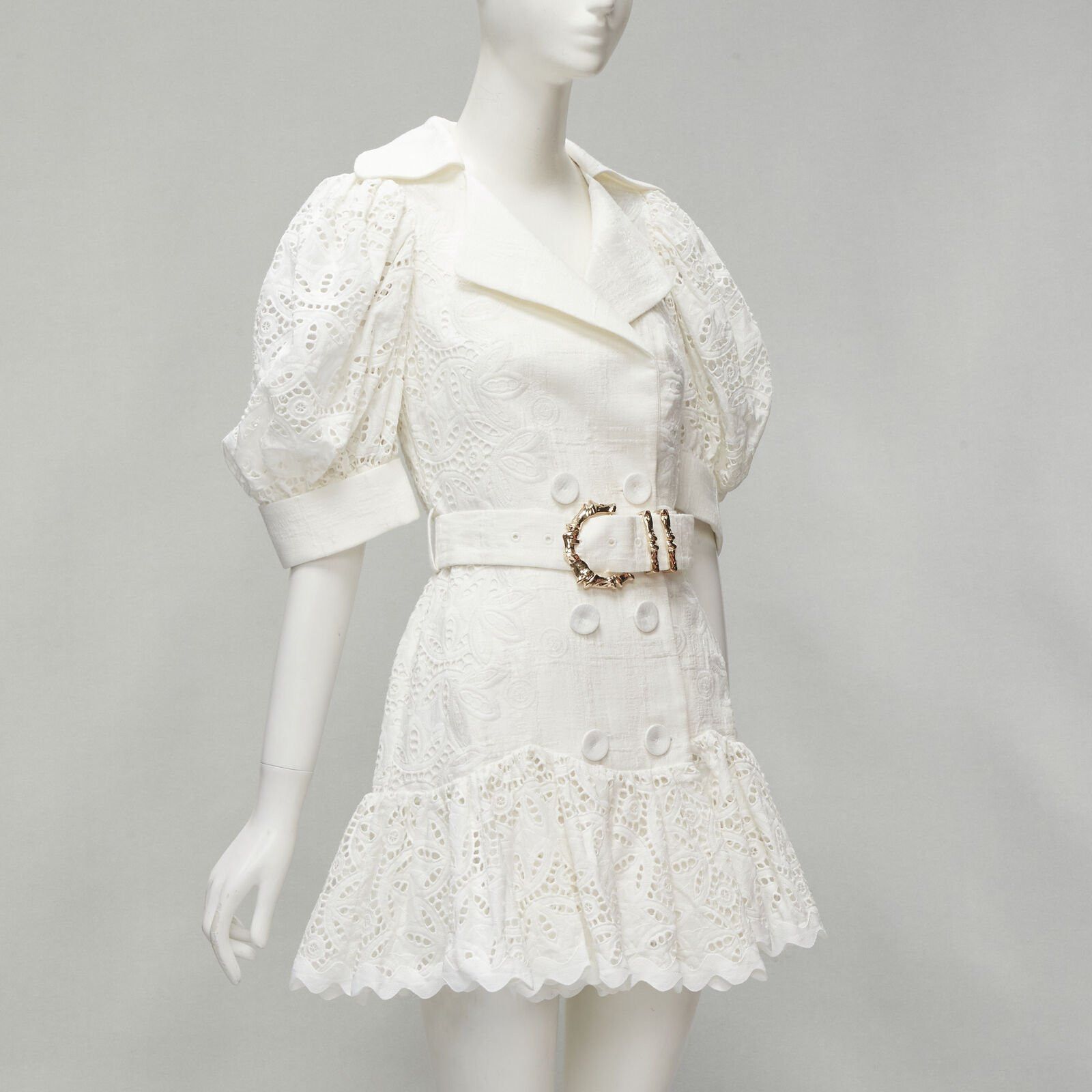Acler ACLER white embroidery eyelet puff sleeve belted double breasted dress US2 XS Size S / US 4 / IT 40 - 4 Thumbnail